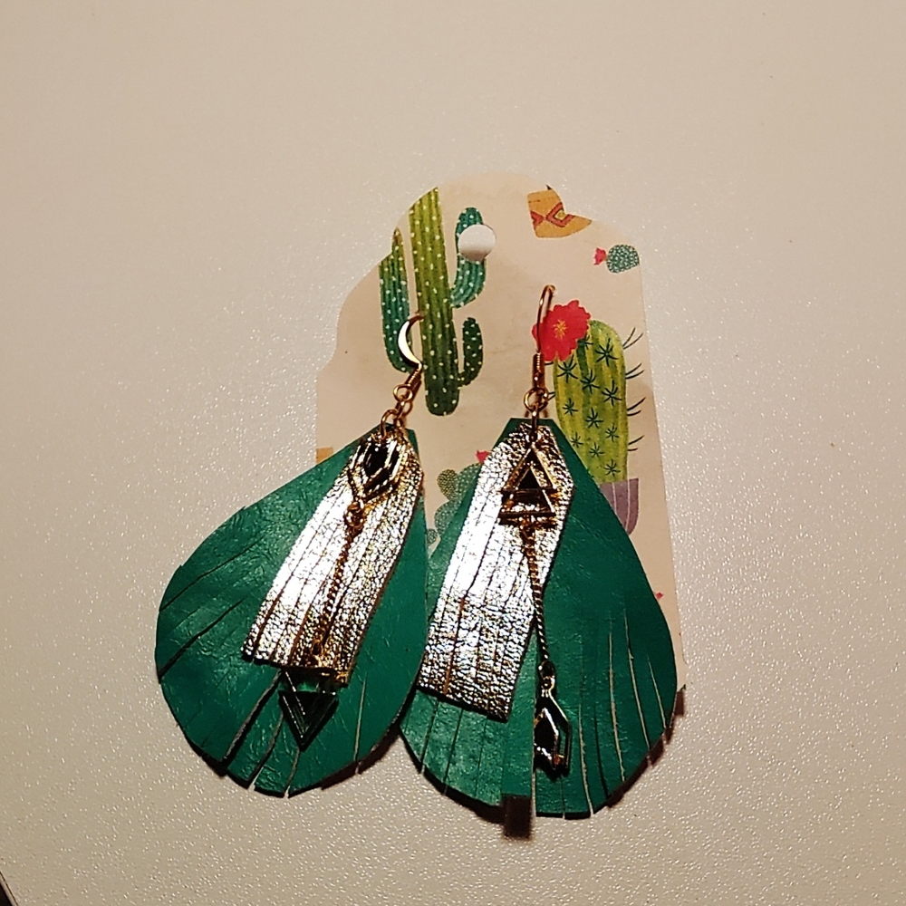 Green and Gold Feather Earrings